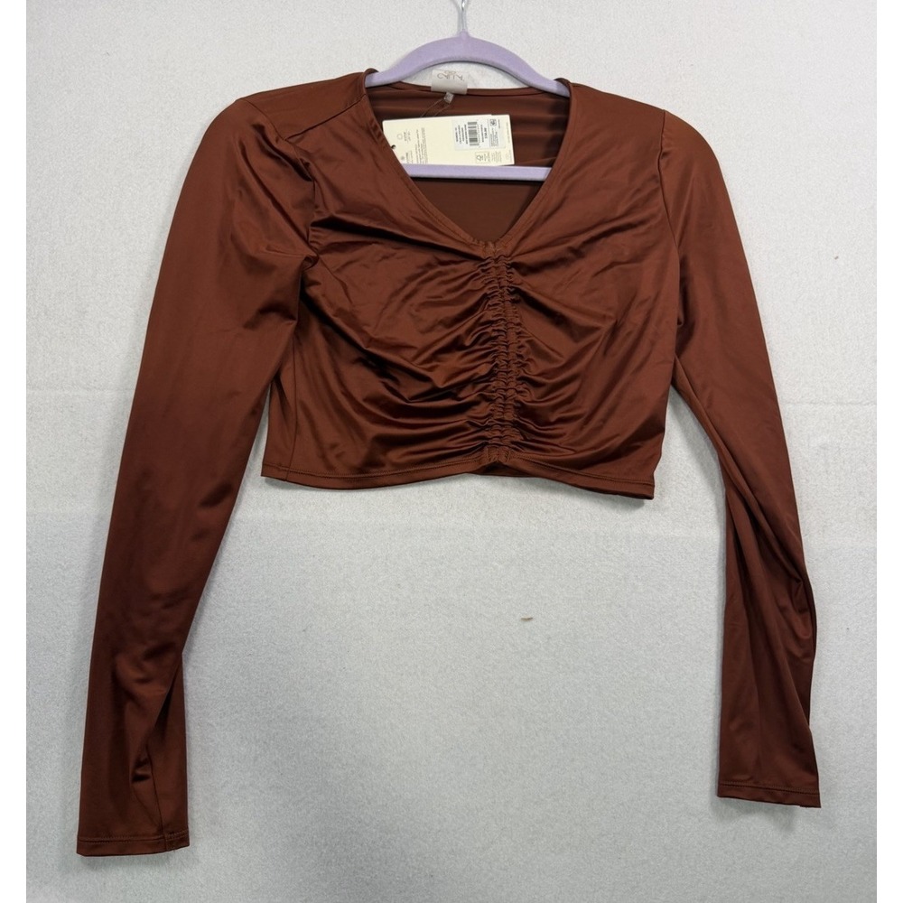 CALIA Ruched Long Sleeve Rash Guard Womens XS Red Brown Shine Crop Swim Top NWT